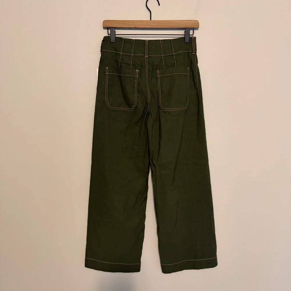 NWT Maeve Colette pants wide leg contrast stitching 26 green linen minimalist - Picture 6 of 8